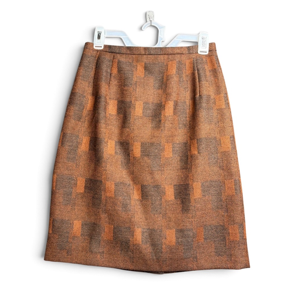 Harve Benard Wool Pencil Skirt Brown Orange Geometric Check Size 8 Vintage